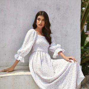 Ditsy Floral Shirred Flounce Sleeve Flutter Dress